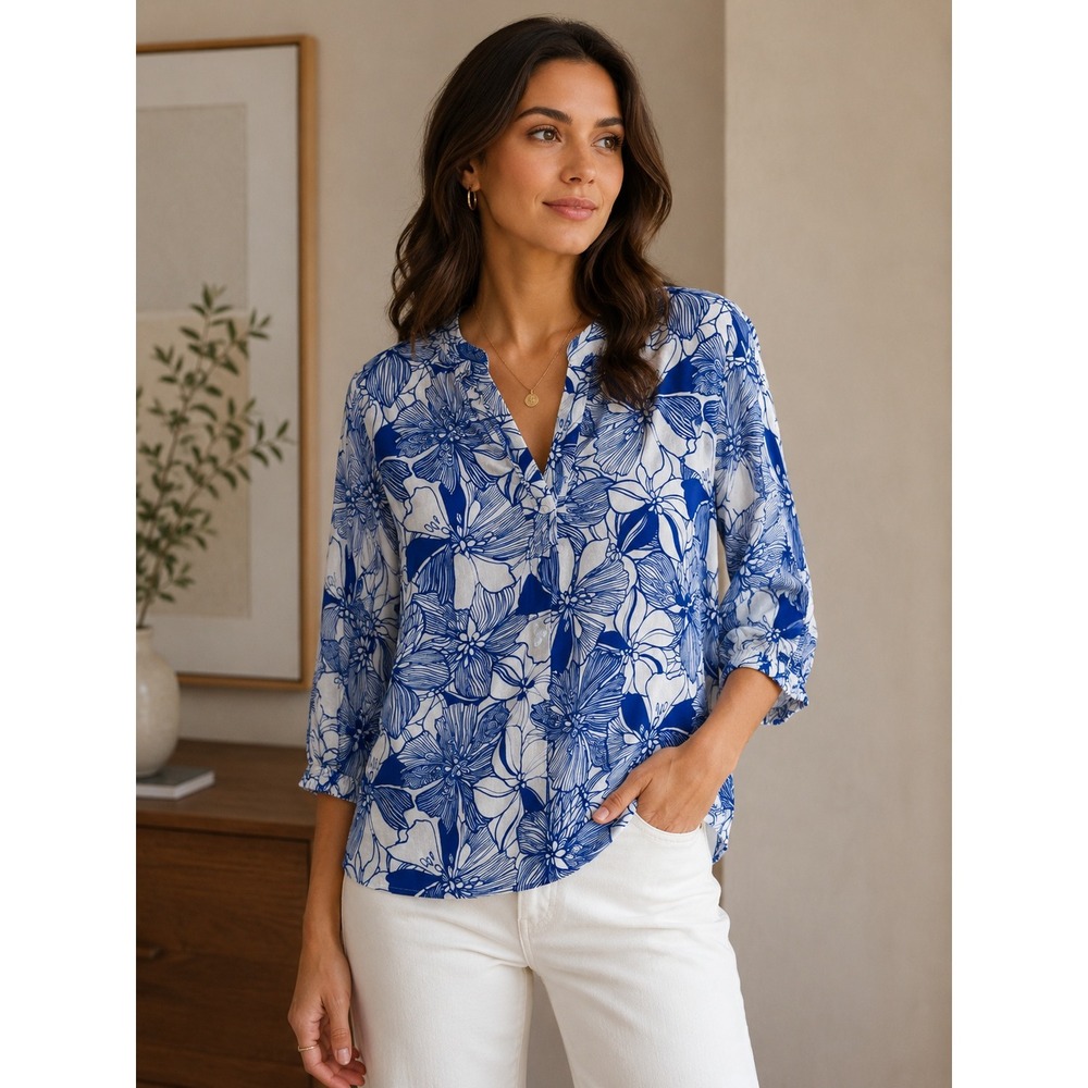 Steff‎ Parker Blue White Floral Rayon Blouse V Neck Tie Front M